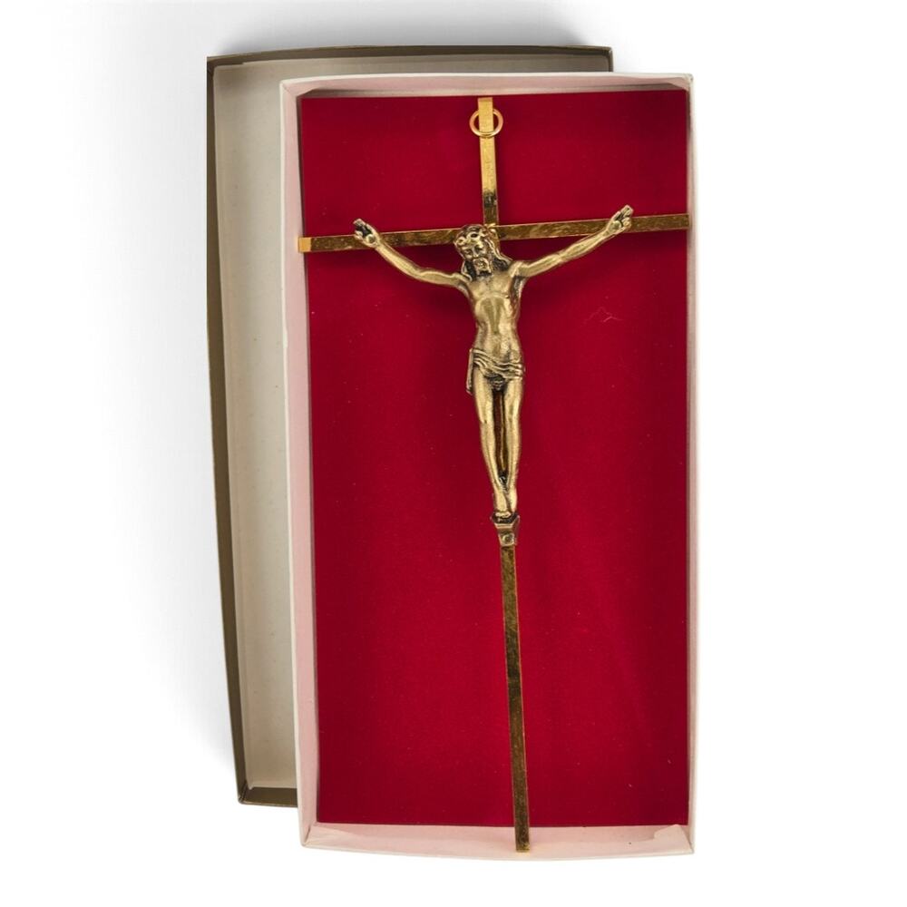 Vintage Gold Tone INRI Crucifix Jesus Wall Cross 10" Original Box